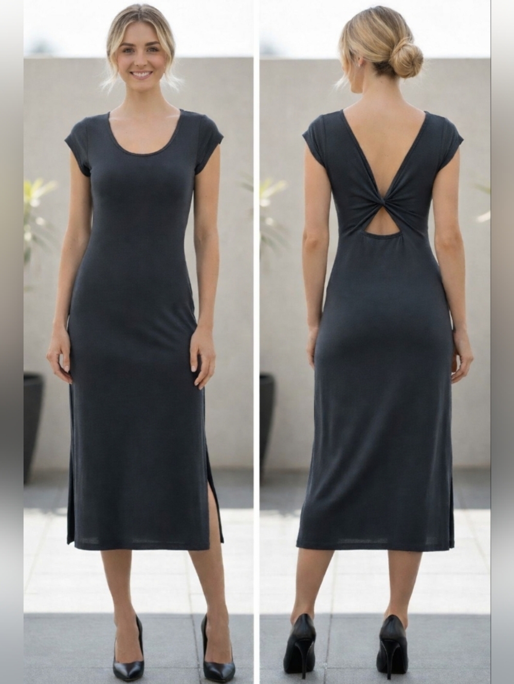 White Crow Open-Back Cap Sleeve Midi Dress - Charcoal